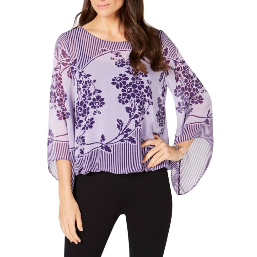 Alfani Floral Print Cami Shell Top Sz Medium Bubble Hem Angel Sleeve Jewel Neck